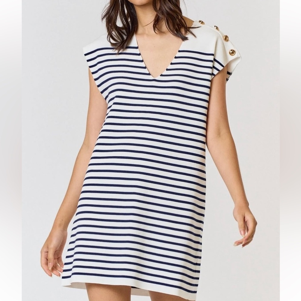 Lalavon white blue striped dress V neck sleeveless gold button boxy L